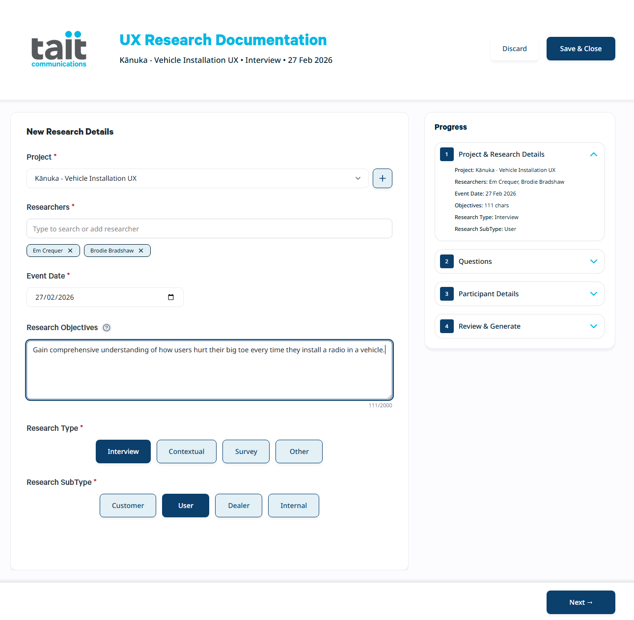 New Research Details screen showing the project setup form with research type and objectives